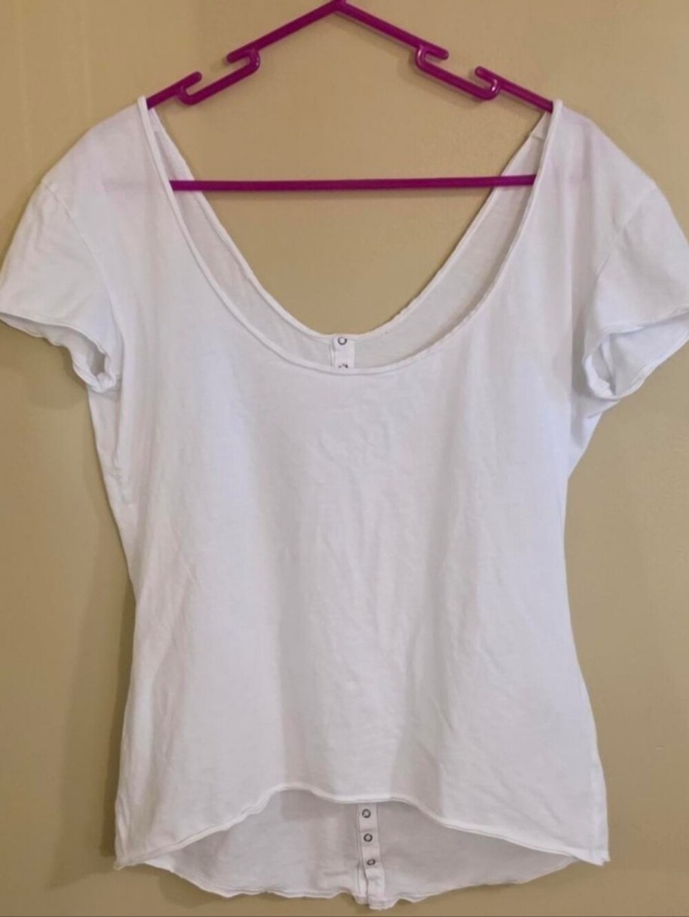 White Scoop Neck Top Snap-Button-Back Thessita Tee, Quality Peruvian Pima Cotton